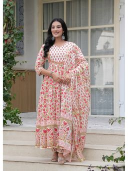 JAIMINI - Women Cotton White Round Nack Calf Length Flared Kurta With Pant And Dupatta