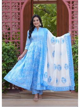 JAIMINI - Women Cotton Blue Mandarin Nack Calf Length Flared Kurta With Pant And Dupatta