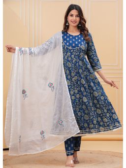 JAIMINI - Women Cotton Blue Round Nack Calf Length Flared Kurta With Pant And Dupatta