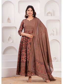 JAIMINI - Women Cotton Brown Round Nack Calf Length Flared Kurta With Pant And Dupatta