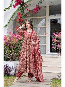 JAIMINI - Women Cotton Maroon V-Neck Calf Length Flared Kurta With Pant And Dupatta