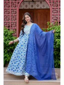 JAIMINI - Women Cotton Blue Round Neck Calf Length Flared Kurta With Pant And Dupatta