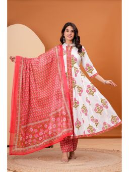 JAIMINI - Women Cotton White Calf Length Flared Kurta With Pant And Dupatta
