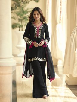 JATRIQQ - Women Black Vichitra Silk Real Mirror Embroidery Work Kurti with Palazzo and Dupatta