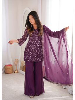 JATRIQQ - Women Wine Crunchy Silk Embroidery Sequence and Jari Kurti with Palazzo & Dupatta
