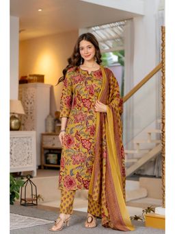 JAIPUR SARAI - Women Floral Mustard Regular Pure Cotton Kurta with Pant And Dupatta