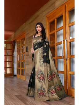 JUST FASHION - Women Black Woven Design Banarasi Art Silk Saree with Unstitched Blouse