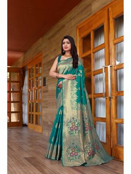 JUST FASHION - Women Turquoise Woven Design Banarasi Art Silk Saree with Unstitched Blouse