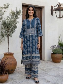 KAFTANIZE - Women Navy Blue Paisley Printed Straight Kurta and Pant