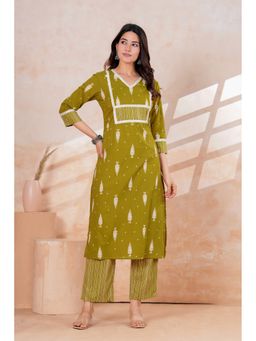 JAIPUR SARAI - Women Ethnic Motifs Green Regular Thread Work Pure Cotton Kurta with Pant