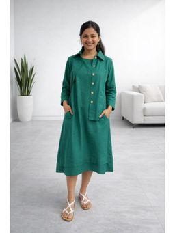 MYSHKA - Women Green Linen A-Line Dress with Shirt