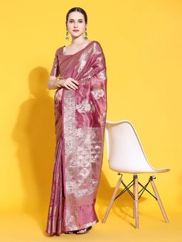 JUST FASHION - Women Pink Woven Design Banarasi Organza Saree with Unstitched Blouse