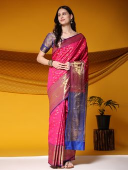 JUST FASHION - Women Pink Woven Design Banarasi Art Silk Saree with Unstitched Blouse