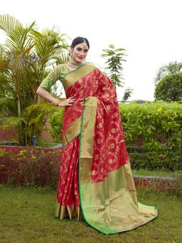 JUST FASHION - Women Red Woven Design Banarasi Art Silk Saree with Unstitched Blouse