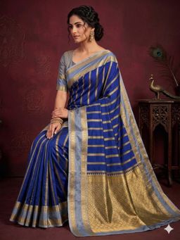 JUST FASHION - Women Blue Woven Design Banarasi Art Silk Saree with Unstitched Blouse