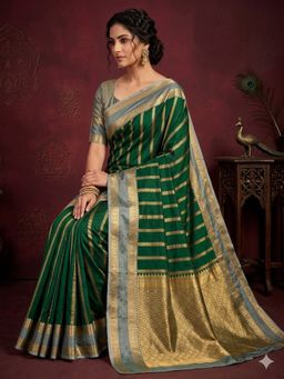JUST FASHION - Women Dark Green Woven Design Banarasi Art Silk Saree with Unstitched Blouse