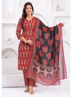 JAIPUR SARAI - Women Paisley Maroon Regular Pure Cotton Kurta with Pant And Dupatta