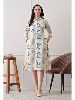 DECKEDUP - Women’s Elegant White Leaf Printed Shirt Style Dress
