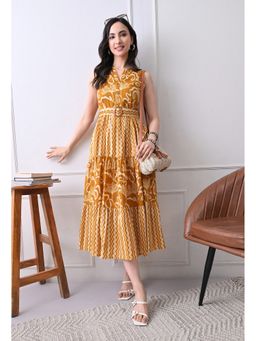 DECKEDUP - Women’s Elegant Mustard Geometric Printed Dress with Belt