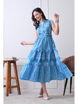 DECKEDUP - Women’s Elegant Aqua Geometric Printed Dress with Belt
