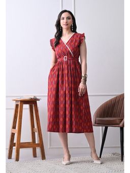DECKEDUP - Women’s Elegant Red Printed Flared Dress with Belt