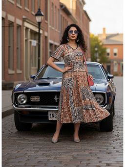 DECKEDUP - Women Beige Printed Flared Dress