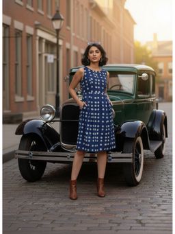 DECKEDUP - Women Blue Polka Printed A-Line Dress