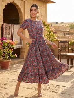DECKEDUP - Women Stylish Floral Printed Blue Flared Dress