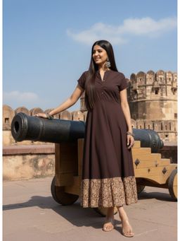 DECKEDUP - Women Brown Stylish Cotton Printed Flared Dress
