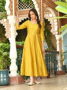 DECKEDUP - Women Yellow Cotton Silk Gown Flared Dress