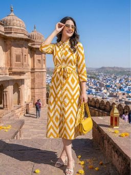 DECKEDUP - Women Cream Geometric Printed A-Line Dress with Belt