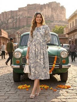 DECKEDUP - Women Grey Leaf Print Pocket Dress