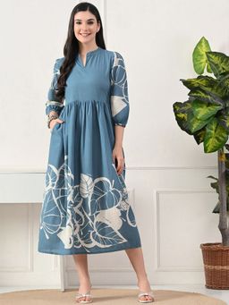 DECKEDUP - Women Blue Leaf Print Empire Dress