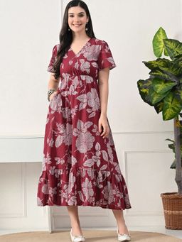 DECKEDUP - Women Maroon Floral Print Fit and Flare Dress