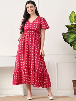 DECKEDUP - Women Red Polka Dot Printed V-Neck Dress