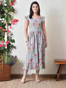 DECKEDUP - Women White Floral Printed Flutter Sleeve Flared Dress