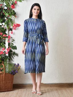 DECKEDUP - Women Blue Ikat Printed Mandarin Collar A-Line Dress with Belt