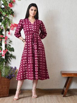 DECKEDUP - Women Maroon Polka Dot Printed Fit and Flare Dress