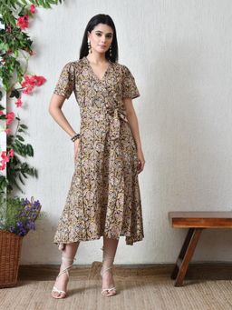 DECKEDUP - Women Brown Floral Printed Cotton Wrap Dress with Belt