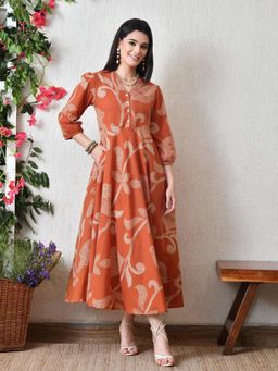 DECKEDUP - Women Orange Floral Print Fit and Flare Dress