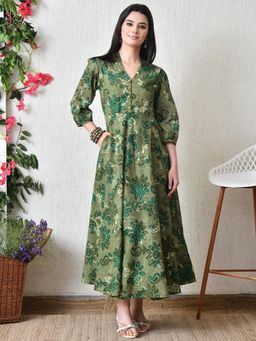DECKEDUP - Women Green Floral Printed Fit and Flare Dress