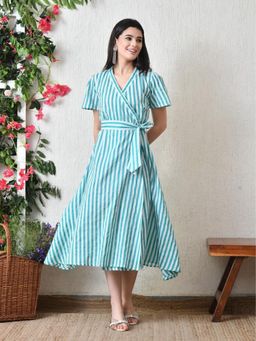DECKEDUP - Women Blue Striped Short Sleeves Wrap Cotton Dress with Belt