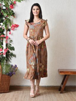 DECKEDUP - Women Brown Floral Printed Ruffled Sleeve Fit and Flare Dress