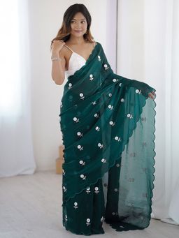 Sareemall - Women's Tissue Teal Blue Embellished Designer Saree with Unstitched Blouse