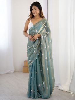 Sareemall - Women's Tissue Teal Green Embellished Designer Saree with Unstitched Blouse