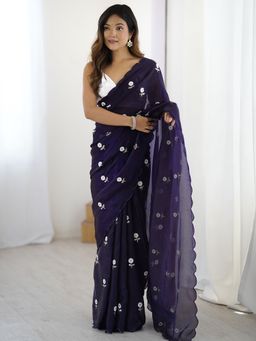 Sareemall - Women's Tissue Purple Embellished Designer Saree with Unstitched Blouse