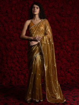 Sareemall - Women's Organza Mustard Embellished Saree with Unstitched Blouse