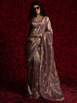 Sareemall - Women's Organza Lavender Embellished Saree with Unstitched Blouse