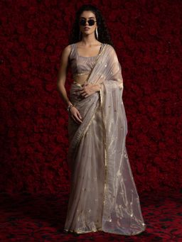 Sareemall - Women's Organza Grey Embellished Saree with Unstitched Blouse