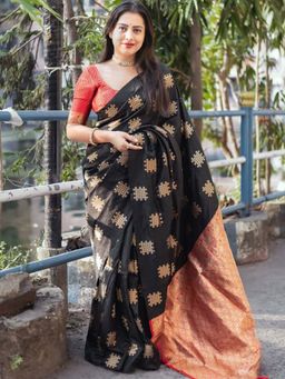 Anjaneya Sarees - Black Woven Banarasi Silk Designer Kanjivaram Saree with Unstitched Blouse